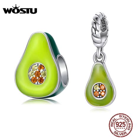 WOSTU New Fashion 925 Sterling Silver Green Enamel Beads Avocado Charm