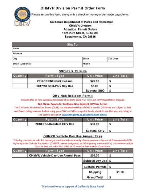 Fillable Online Ohv Parks Ca Fillable Online Ohmvr Division Permit