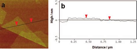 (a) AFM image of G, (b) cross-sectional analysis along the lines shown ...
