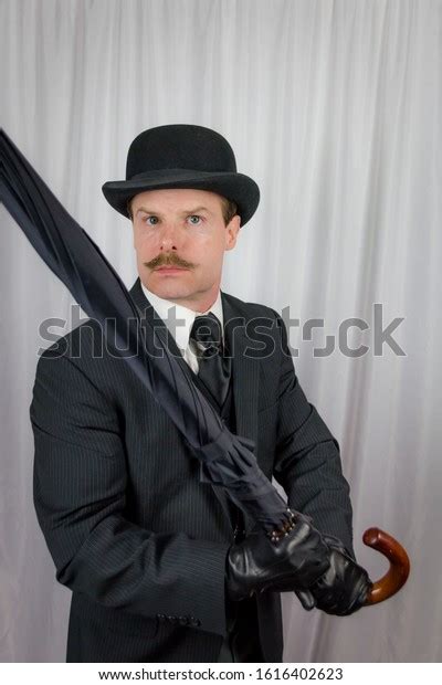 Portrait Businessman Dark Suit Bowler Hat Stock Photo