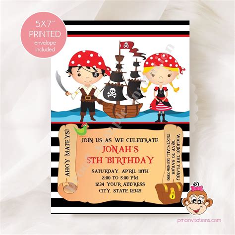 Printed pirate birthday invitations boy girl pirate birthday pirate party ahoy mateys pirate ...