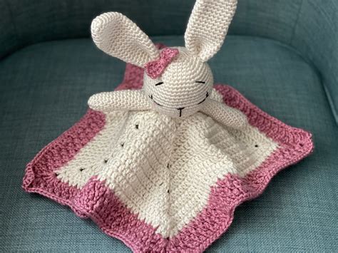 Crochet Pink Bunny Comforter Lovey Blanket Baby Comforter Etsy