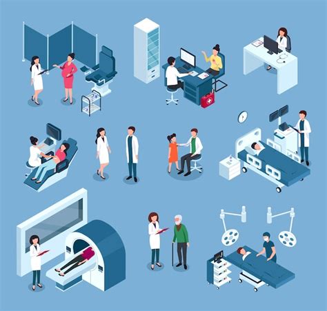 Premium Vector Isometric Hospital Workers Doctors Surgeons With Medical Equipment Examining