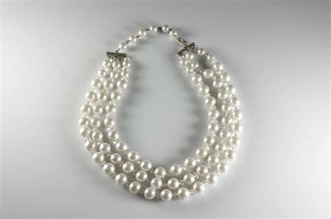 Faux Pearl Choker Necklace Triple Strand Hook Clasp White Crystal