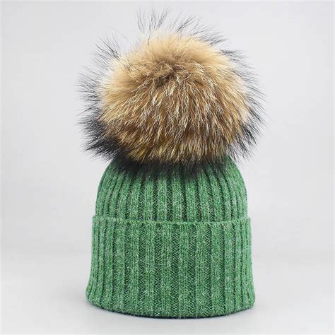 Women Real Fur Pom Pom Hat Female Autumn Winter Wool Knitted Green