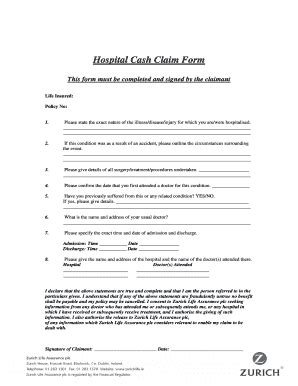 Fillable Online Hospital Cash Claim Form Zurich Life Fax Email Print