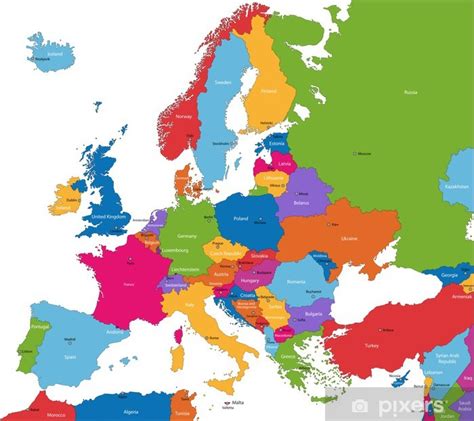 Plakat Mapa europy z kolorowych krajów i stolic PIXERS PL