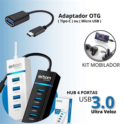 Kit Hub Usb Portas Adaptador Cabo Otg Tipo C Micro Usb