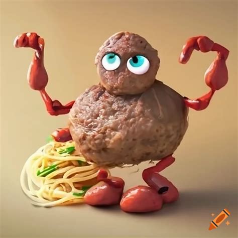 Whimsical Anthropomorphized Meatball With Spaghetti Arms And Legs On