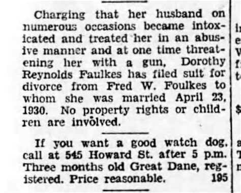 Dorothy Reynolds Divorcing Fred W Foulkes Aug 1930