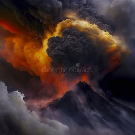 Aerial View Of Billowing Smoke Ashes And Lava Rising Up From An