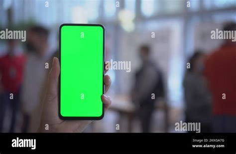 Back View Of Brunette Holding Chroma Key Green Screen Smartphone Watching Stock Video Footage