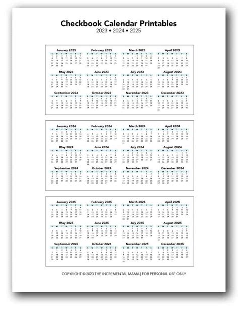 Checkbook Calendar Printables 2023-2025