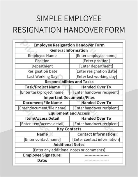 Simple Employee Resignation Handover Form Excel Template Free Download Pikbest