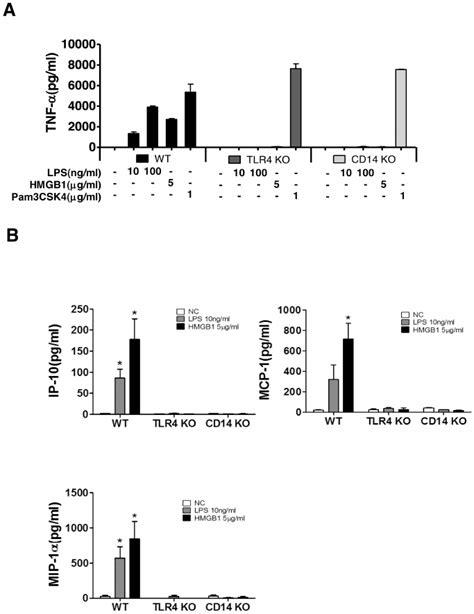 HMGB1 induced TNF α and chemokine release are TLR4 CD14 dependent A