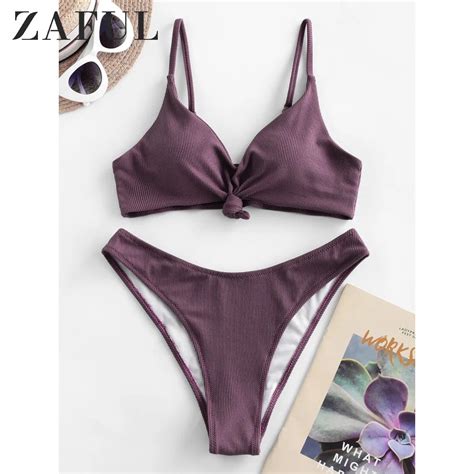 ZAFUL Sexy Ribbed Knot High Leg Bikini Swimsuit For Women Spaghetti