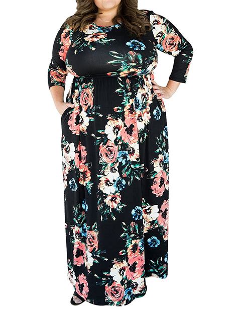 Flycool Womens Plus Size 3 4 Sleeve Floral Print Elastic High Waist