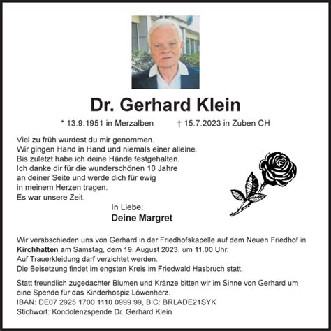 Traueranzeigen Von Gerhard Klein Nordwest Trauer De