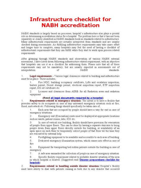 Checklist Infrastructure For Nabh Accreditation Pdf Emergency