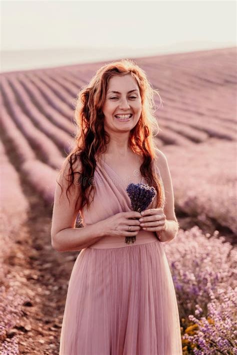 Woman Lavender Field Sunset Romantic Woman Walks Through The La Stock