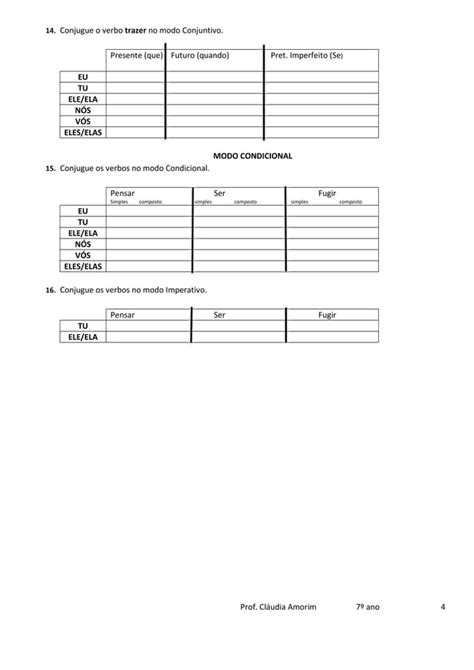 Ficha De Trabalho Verbos Conjugação 7º Pdf