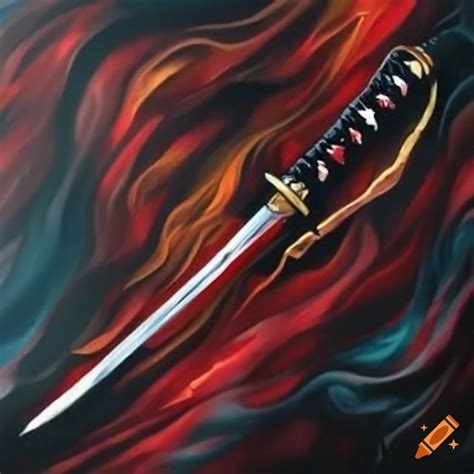 Katana With Black Blade And Red Handle Featuring Flame Design On Craiyon