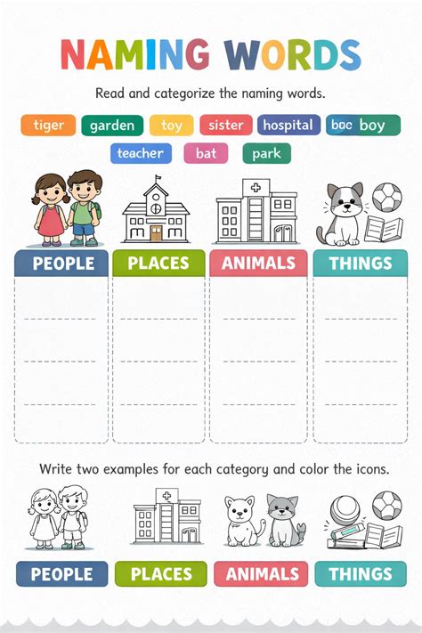 naming words worksheets fun activities  learn nouns