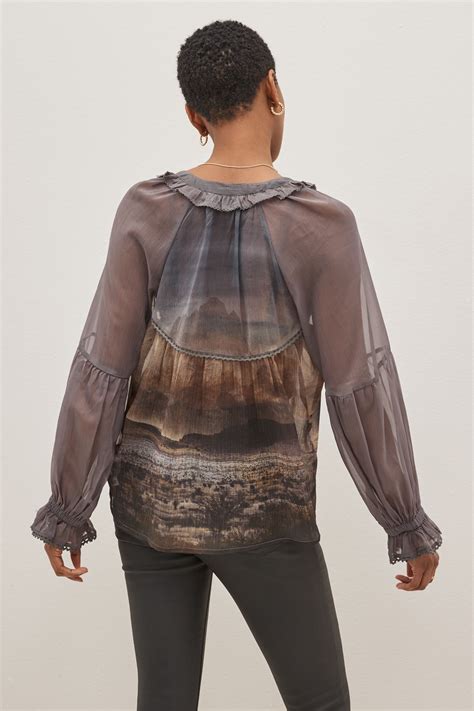 Buy Charocal Scenic Print Long Sleeve V Neck Sheer Blouse With Lace