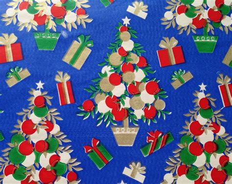 Vintage Christmas Wrapping Paper Gold Accented Blue Etsy