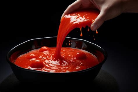 Tomato Sauce Being Ladled Into A Soup Bowl Premium AI Generated Image