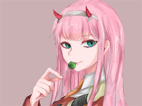 Anime Horns Lollipop Coat Green Eyes Pink Hair Red Eyes Long