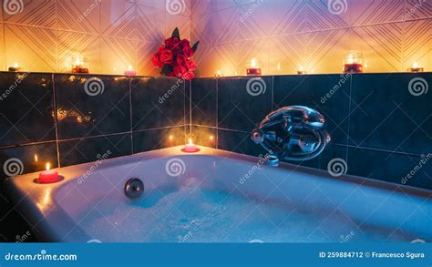 Bathtub with Romantic Scented Candles and Petals Stock Photo - Image of ...