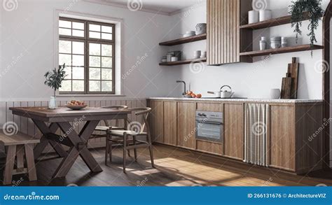 Farmhouse Wooden Kitchen And Dining Room In White And Dark Tones