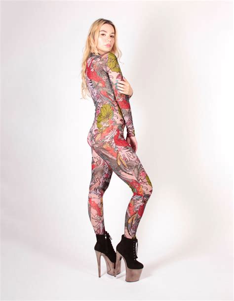 Tattoo Print See Thru Mesh Catsuit Japanese Koi Dragons Spandex