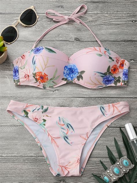 Off Floral Print Moulded Bandeau Bikini Set In Pink Zaful