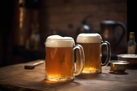 Premium Photo Two Mugs Of Beer On A Wooden Table With A Small Cup Of Foam