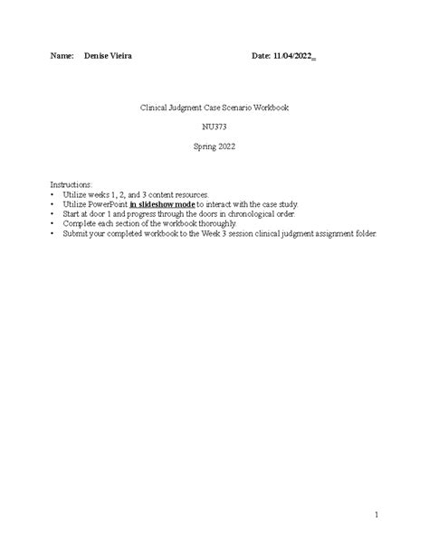 Clinical Judgment Case Scenario Workbook Students Complete Name