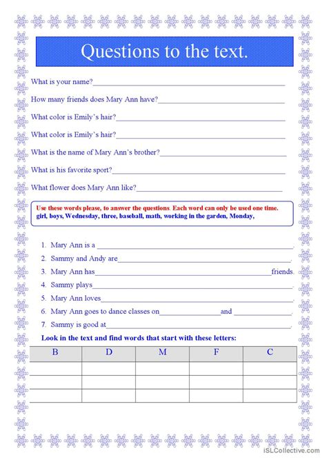 Mary Ann Reading For Detail Dee English Esl Worksheets Pdf Doc