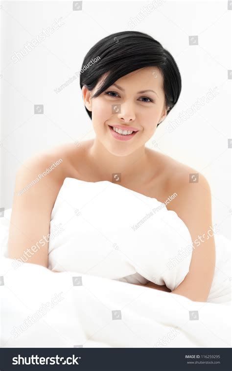 Halfnaked Woman Hugs Eiderdown Isolated On Stock Photo 116259295