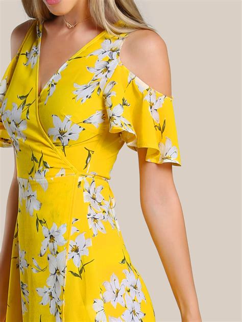 Open Shoulder Flutter Sleeve Surplice Wrap Dress Sheinsheinside