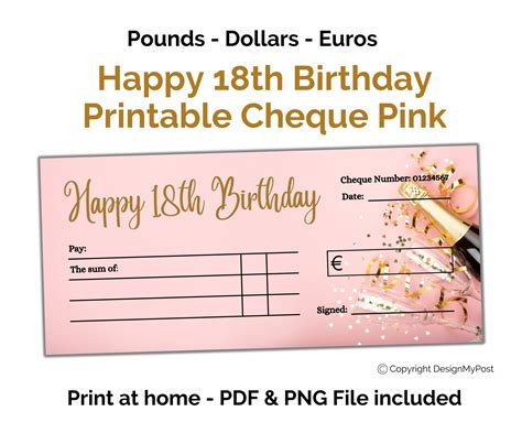 18th Birthday Cheque. Gift Blank Cheque Template Euros, Pounds ...