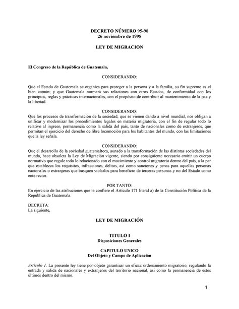 Ley De Migración De Guatemala Decreto NÚmero 95 26 Noviembre De 1998