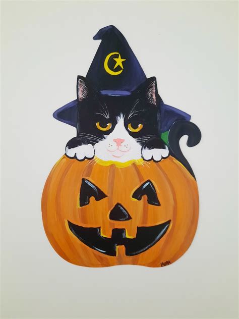 Cat Witch Halloween Wall Art Tuxedo Cat Witch Jack O Lantern Etsy