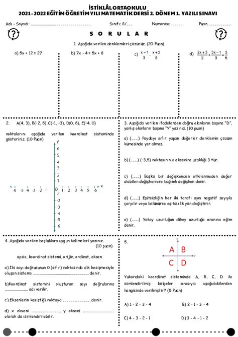 8 Sınıf Matematik 2 Dönem 1 Yazılı Sınavı Yazılı Örneği Derslig