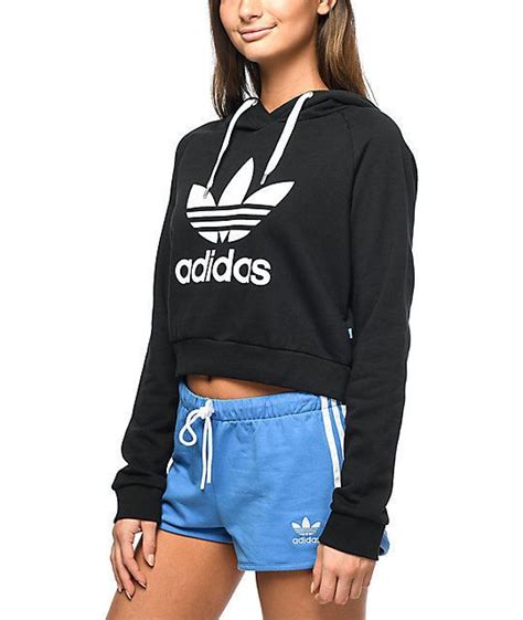 Adidas Trefoil Crop Hoodie Womens Bp9478 Black White Logo Pullover