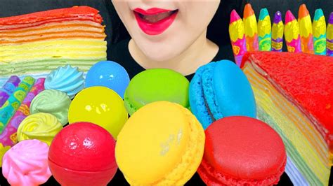 Asmr Rainbow Crepe Cakes Macaron Gummy 咀嚼音 レインボーケーキ マカロン グミ メレンゲ