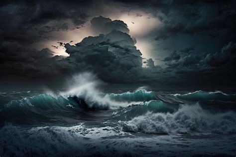 Premium Photo | Storm over the ocean big waves dramatic night sky and ...