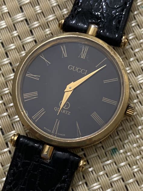 Vintage Mens Gucci 2000m Gold Plated Black Dial Swiss Watch 30mm New Band Ebay