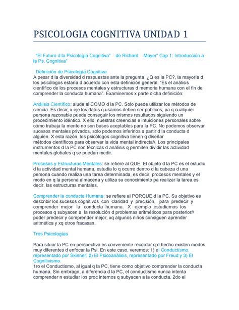 Resumen Psico Cognitiva Unidad 1 PSICOLOGIA COGNITIVA UNIDAD 1 El