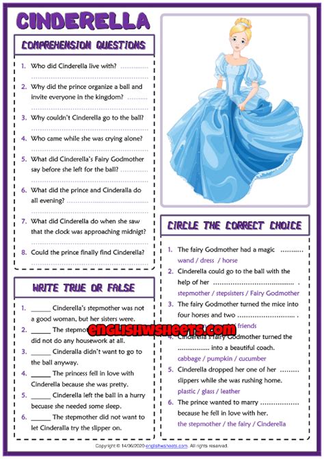 Cinderella Esl Reading Comprehension Questions Worksheet